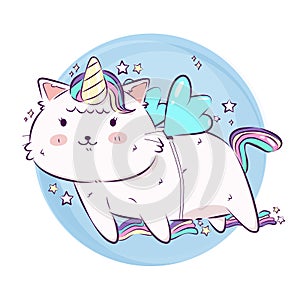 Cute cartoon. Fantasy magic cat unicorn and flying in the air. Hand drawn vector and illustration