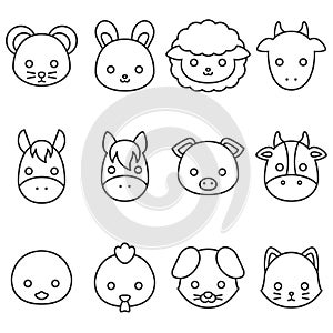 Cute cartoon farm animal line icon set