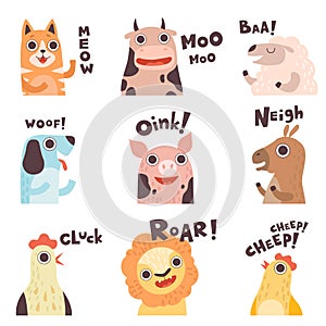 Cute Cartoon Farm Animal Making Sounds Set, Cat, Cow, Sheep, Dog, Pig, Horse, Hen, Lion, Chick Saying Vector