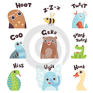 Cute Cartoon Farm Animal Making Sounds Set, Owl, Bee, Bird, Pigeon, Bear, Frog, Snake, Elephant, Goose Saying Vector