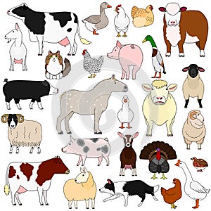 Cute cartoon farm animals doodle set