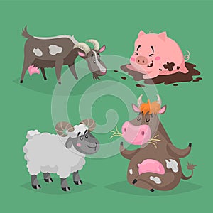 Cute cartoon farm animals set. Furry ram, cow sitting in meditation pose, pig lying in the mud and grazes goat. Vector domestic ch
