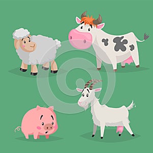 Cute cartoon farm animals set. Furry sheep, cow, pig and goat. Vector domestic characters illustration