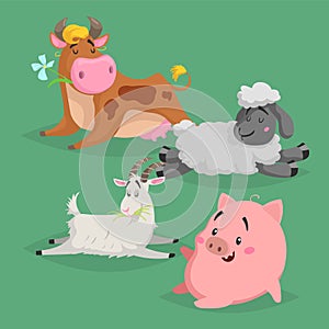 Cute cartoon farm animals set. Sleeping and relaxing animals. Furry sheep, cow, pig and goat. Vector domestic characters illustrat