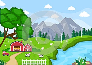 Cute Cartoon Farm Animals Vector Illustration With Cow, Horse, Chicken, Duck, or Sheep. For Postcard, Background, Wallpaper, and
