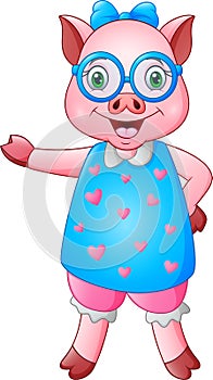 Cute cartoon female pig in blue heart dress with glasses