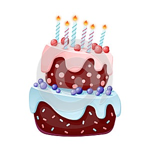 Cute cartoon festive cake with candles. Chocolate biscuit with cherries and blueberries. for parties, birthdays. Isolated element