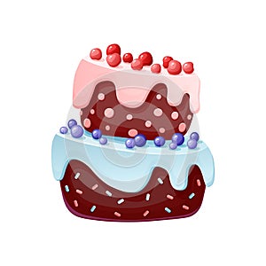 Cute cartoon festive cake. Chocolate biscuit with cherries and blueberries. for parties, birthdays. Isolated element