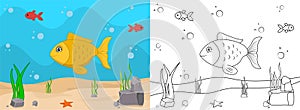 Cute cartoon fish coloring page with line art, kids activity page vector illustration