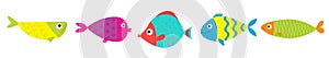Cute cartoon fish icon set line. Baby kids collection. Aquarium sea ocean animals. White background. Isolated. Flat design