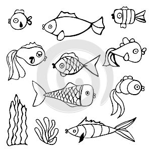 Cute cartoon fishes. Black and white vector illustration for coloring book. Doodle fish collection isolated on white background