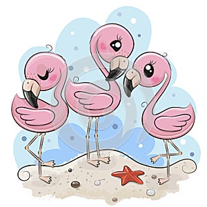 Cute cartoon flamingos on the beach