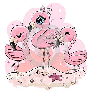 Cute cartoon flamingos on the beach