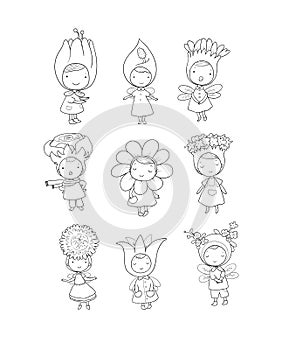 Cute cartoon flower fairies. Forest gnomes. Fairytale creatures. Funny kids