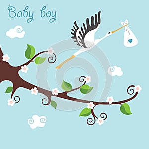 Cute cartoon flowering branch.Flying stork with newborn baby-boy