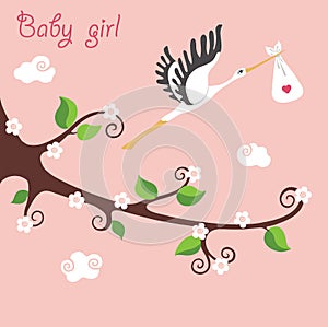 Cute cartoon flowering branch.Flying stork with newborn baby-girl