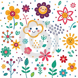 Cute cartoon flowers, sun, cloud, and rain illustration
