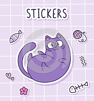 Cute cartoon fluffy cat lying on his back. Sticker of a cat with toys on a checkered background. Label Sticker.