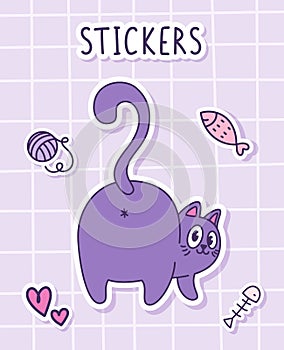 Cute cartoon fluffy cat turned around. Sticker of a cat with toys on a checkered background. Label Sticker.