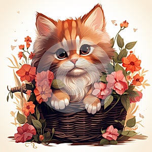 cute cartoon fluffy kitten sitting in a wicker basket with pink flowers on a white background