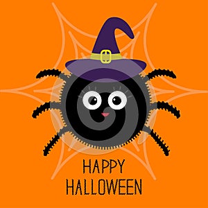 Cute cartoon fluffy spider on the web. Witch hat. Halloween card. Flat design.