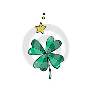 Cute cartoon of a four leaf clover. St. Patrick`s Day illustration isolated on white background.