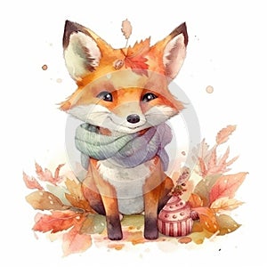 Cute cartoon fox baby watercolor. kawaii. digital art. concept art. isolated on a white background