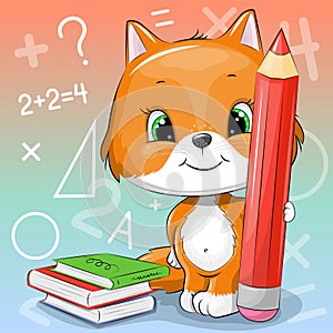 Cute cartoon fox with a big red pencil and books.