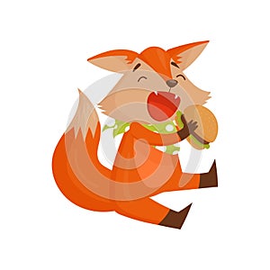 Cute cartoon fox character eating burger, funny animal sitting on the floor vector Illustration on a white background