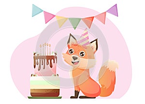 Cute cartoon fox character. Happy birthday greeting card. Birthday cake, presents, fox, balloons.