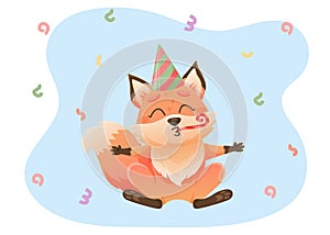 Cute cartoon fox character. Happy birthday greeting card. Birthday cake, presents, fox, balloons.