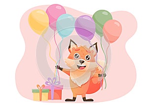 Cute cartoon fox character. Happy birthday greeting card. Birthday cake, presents, fox, balloons.