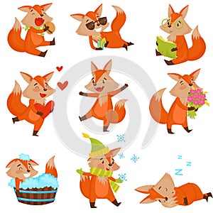 Cute cartoon fox character set, funny animals in different situations vector Illustrations on a white background