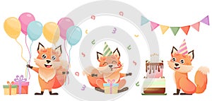 Cute cartoon fox characters. Happy birthday greeting cards. Birthday cake, presents, fox, balloons.