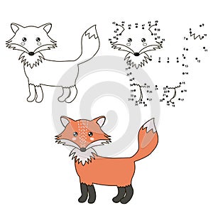 Cute cartoon fox. Coloring and dot to dot educational game for kids photo
