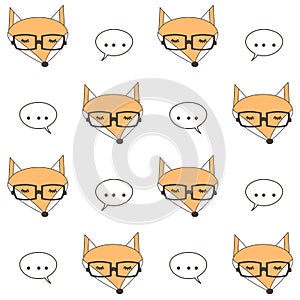 Cute cartoon fox face with eyeglasses seamless vector pattern background illustration