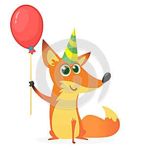 Cute cartoon fox holding red balloon and party hat. Vector illustration for birthday postcard. Design for print.