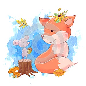 Cute cartoon fox and mouse, autumn, leaves.