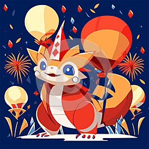 Cute cartoon fox in party hat with balloons and fireworks, vector illustration AI generated