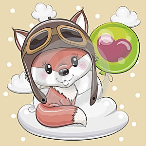 Cute Cartoon Fox in a pilot hat with green balloon on a cloud photo