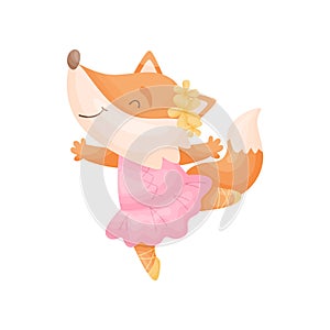 Cartoon fox in a pink dress ballerina. Vector illustration on white background.