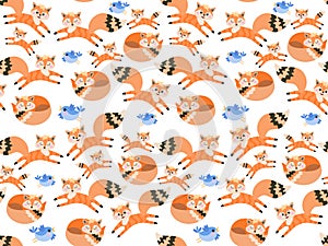 Cute cartoon foxes and little blue birds isolated on white background in vector. Seamless pattern. Print for fabric, wallpaper