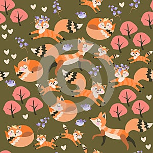 Cute cartoon foxex rest and play in the autumn forest. Seamless pattern in vector. Print for fabric, wallpaper