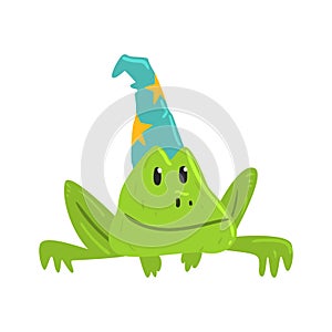 Cute cartoon frog in blue carnival hat with yellow strars. Colorful cartoon character vector Illustration