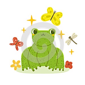 Cute cartoon frog and butterflies, dragonfly vector illustration.