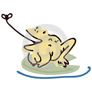 Cute cartoon frog hunting fly lineart vector illustration. Simple amphibian sticker clipart. Kids lake wildlife hand