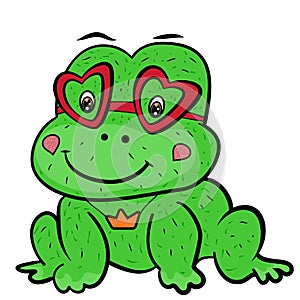 A cute cartoon frog prince fairy tale with glasses in shape of heart and the decoration of the crown pendant. Valentine`s Day.