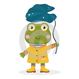 The cute cartoon frog in a yellow rain-coat and boots with a leaf of a water lily as an umbrella