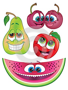 Cute cartoon fruit characters: Watermelon, pear, apple and cherries.