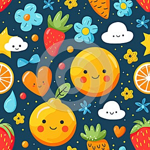 Cute Cartoon Fruit Pattern on Dark Background with Stars
